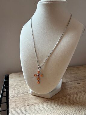 Sterling Silver Cross Pendant Necklace with Orange Gemstones